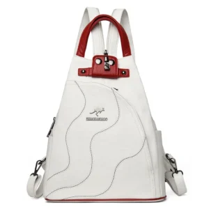 A white leather backpack with red accents. The backpack has a kangaroo logo on the front.