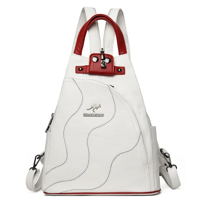 White and red leather backpack with kangaroo logo