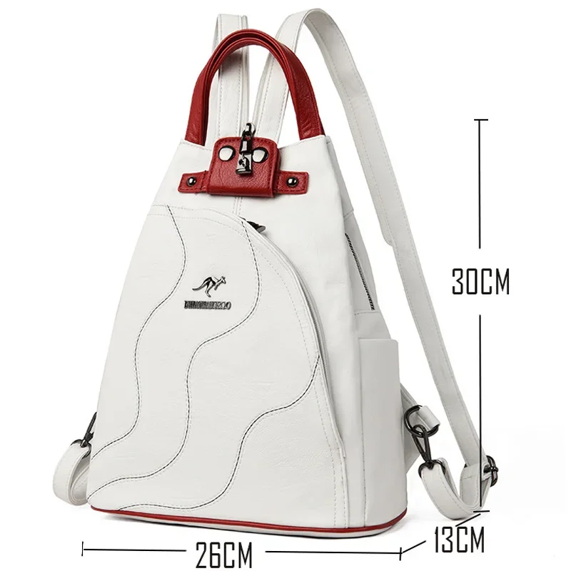 White and red leather backpack with kangaroo logo. Dimensions are shown in centimeters.