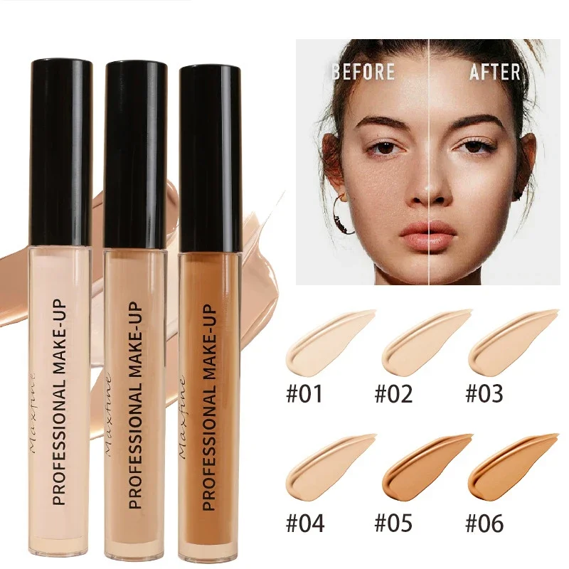 Three tubes of Maxfine Professional Make-Up concealer in different shades, along with swatches of six shades and a before-and-after image showing the effect of the concealer.