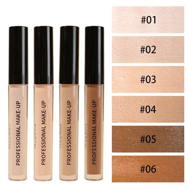 Four tubes of Maxfine Professional Make-Up concealer in various shades, displayed alongside color swatches numbered #01 to #06.