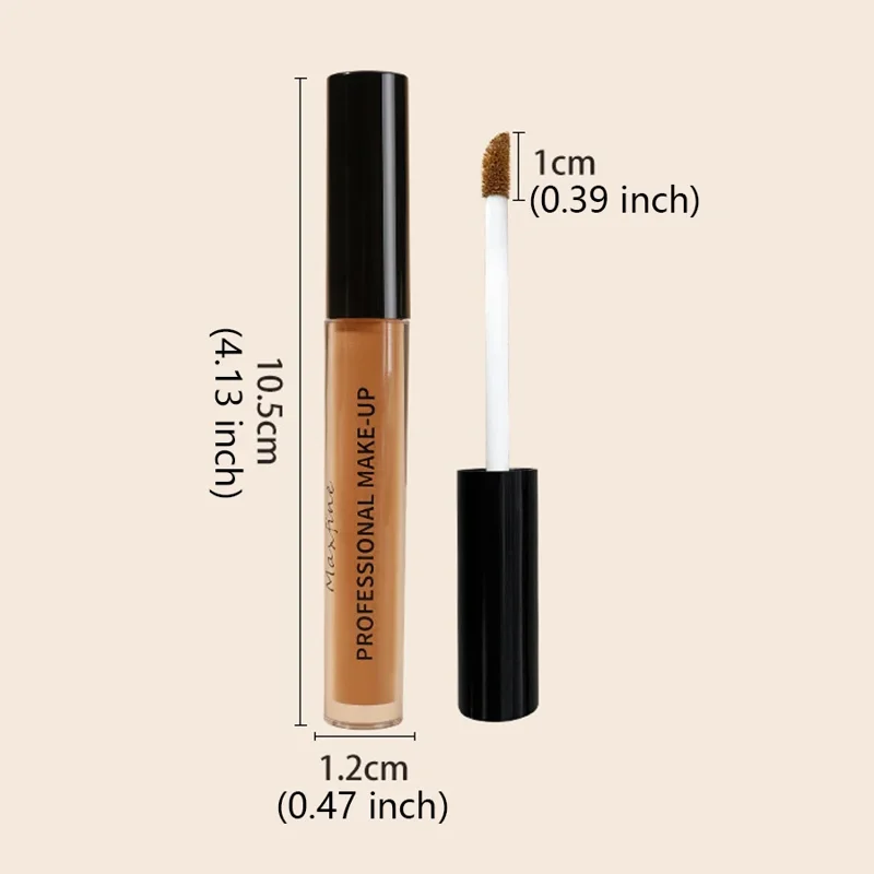 A brown concealer stick with a sponge applicator is shown with measurements in centimeters and inches.