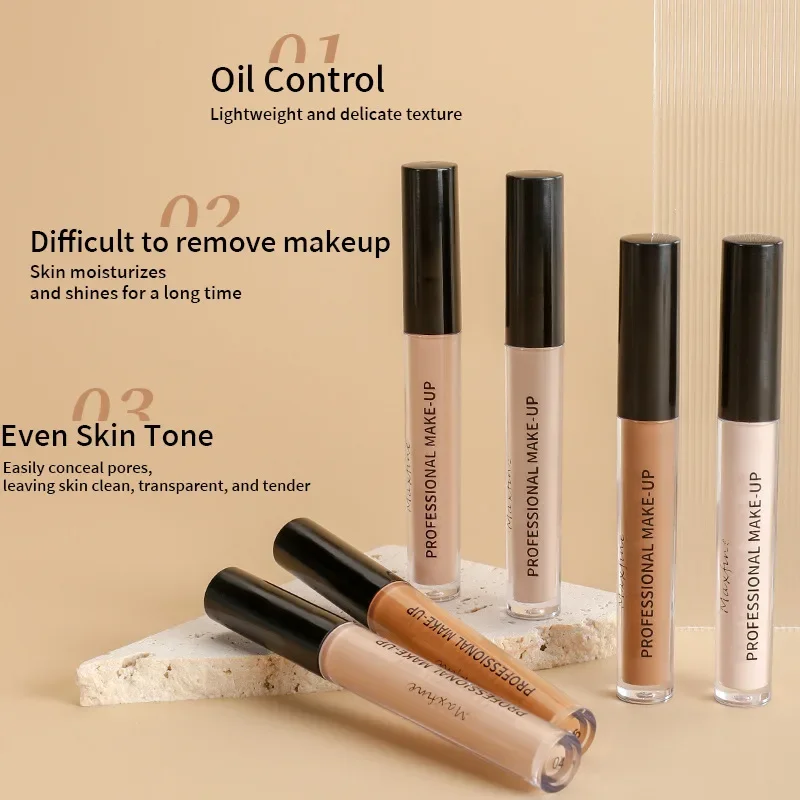 Five tubes of concealer in various shades are arranged on a light beige surface. The tubes are labeled with the brand name and product information. Text overlays on the image highlight three key features of the concealer: oil control, difficult to remove makeup, and even skin tone.