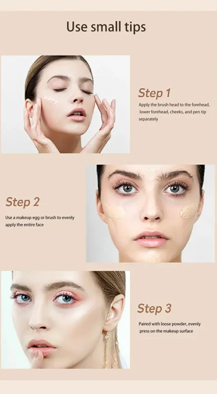 Step-by-step guide on how to apply makeup using small tips. The guide includes applying foundation to the forehead, lower forehead, cheeks, and chin separately, followed by evenly applying foundation to the entire face using a makeup egg or brush, and finally pressing loose powder onto the makeup surface.