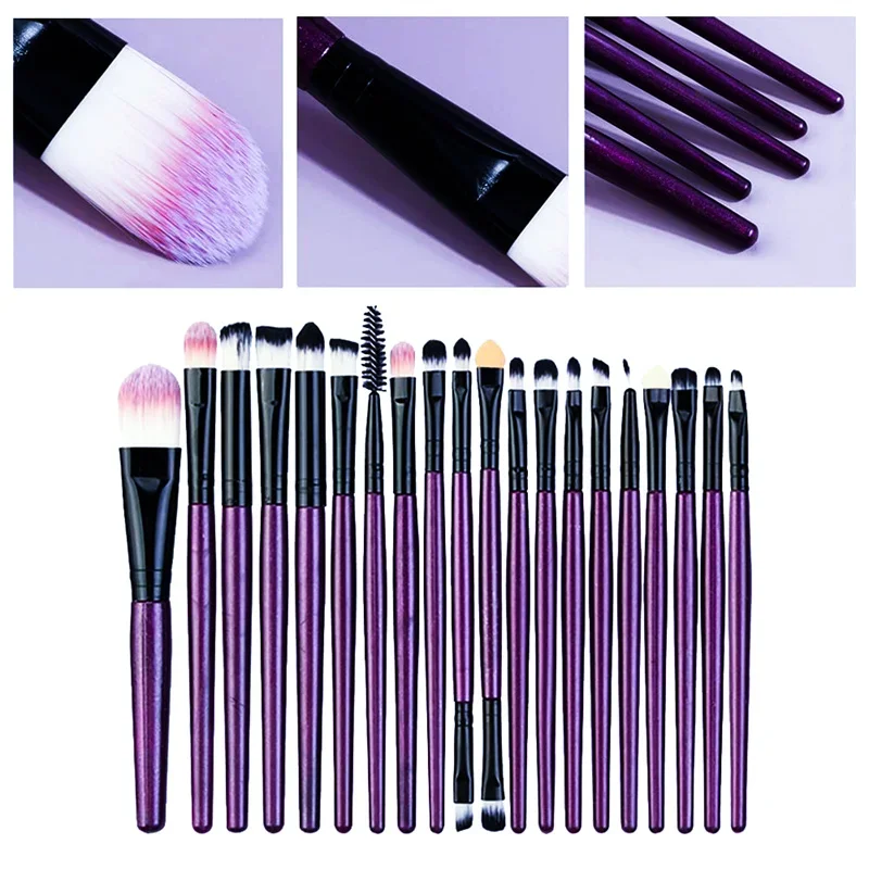A set of 24 purple makeup brushes with black handles. The brushes are arranged in two rows, and the image includes close-up shots of individual brushes.