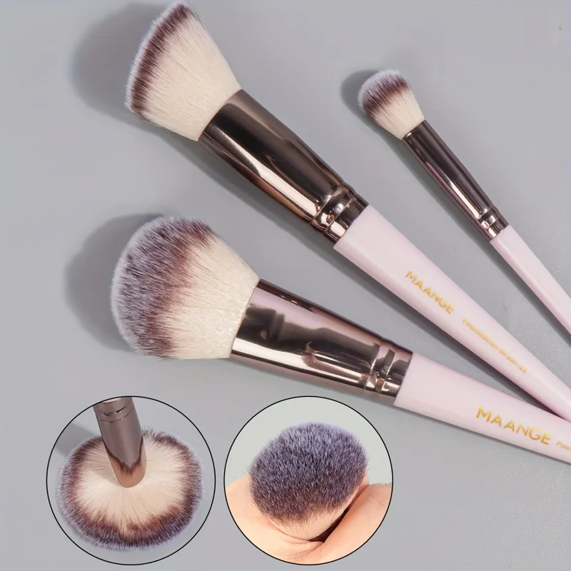 Three makeup brushes with pink handles and rose gold ferrules are displayed on a gray background. Close-up shots of the brush heads are also shown.