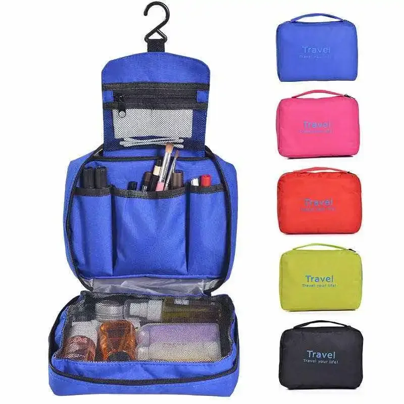A blue hanging travel toiletry bag with multiple compartments is shown open, revealing its contents. Several other travel bags in different colors are shown below, all with the word "Travel" printed on them.