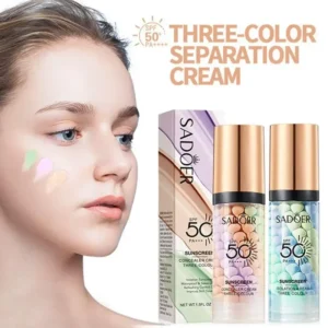 Two bottles of SADOER Three-Color Separation Cream with SPF 50+ PA++++. The cream is a three-color concealer that can be used to correct skin tone and cover blemishes. The product is shown on a white background with a model's face showing the application of the cream.