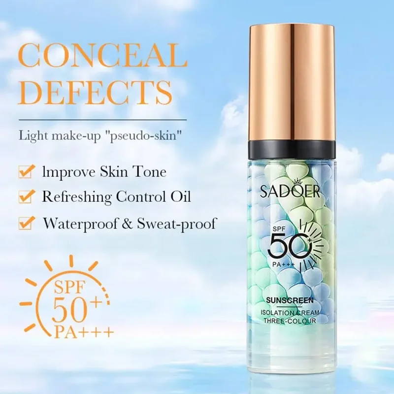 Sadoer Sunscreen Isolation Cream: A three-color sunscreen with SPF 50+ PA+++ that conceals defects, improves skin tone, controls oil, and is waterproof and sweat-proof.