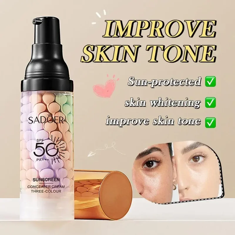 A bottle of SADOER Sunscreen Concealer Cream is shown in the image. The bottle is transparent and filled with colorful balls. The text on the bottle indicates that it is SPF 50 and PA+++. The text also states that the product is a three-color sunscreen concealer cream. The background of the image includes text that reads "IMPROVE SKIN TONE." Checkmarks are beside the text to indicate that the product is sun-protected, skin whitening and improves skin tone.