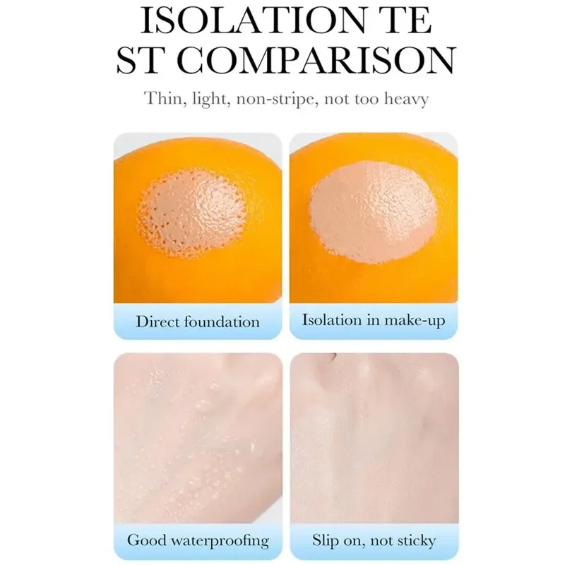 Comparison of isolation te foundation and make-up. The image shows the difference between direct foundation and isolation in make-up. It also shows the good waterproofing and slip on, not sticky features of the product.