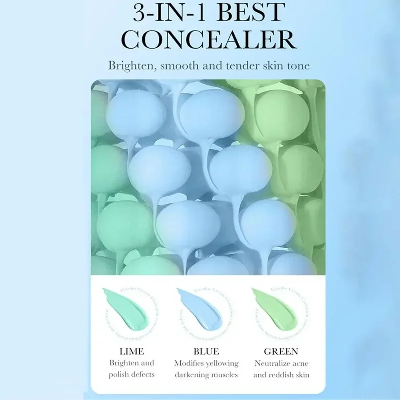 Close-up view of a 3-in-1 concealer palette with lime, blue, and green color correctors. Each color is shown with its corresponding function: lime for brightening and polishing defects, blue for modifying yellowing and darkening muscles, and green for neutralizing acne and reddish skin.