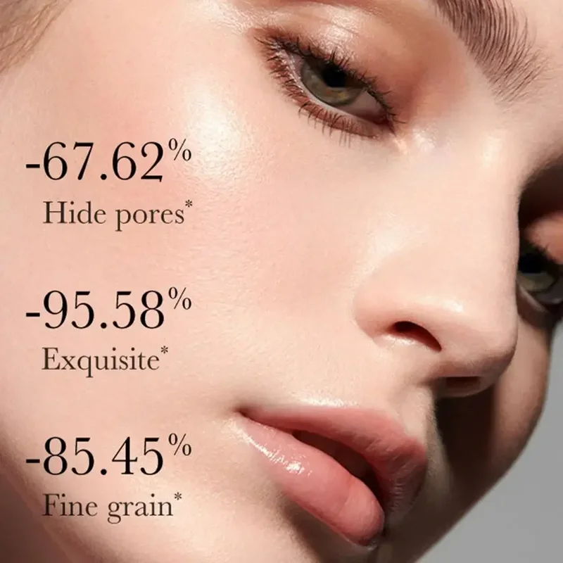 Close-up of a woman's face, showcasing smooth, flawless skin. Text overlays display percentages indicating pore reduction, exquisite texture, and fine grain.