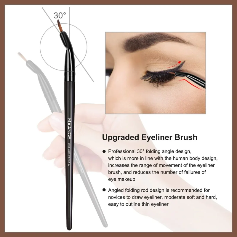 Close-up view of a black eyeliner brush with a 30-degree angled tip. The brush is held by a hand, and an illustration shows how the angle helps in applying eyeliner. Text on the image highlights the brush's features and benefits, including its professional design, increased range of motion, and ease of use for beginners.