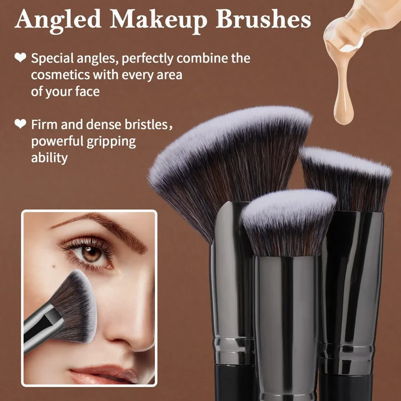 Close-up of angled makeup brushes with a woman's face in the background. The brushes have firm and dense bristles for powerful gripping ability. The special angles perfectly combine cosmetics with every area of the face.