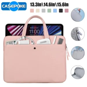 Pink laptop carrying case with laptop, accessories and various color options shown.