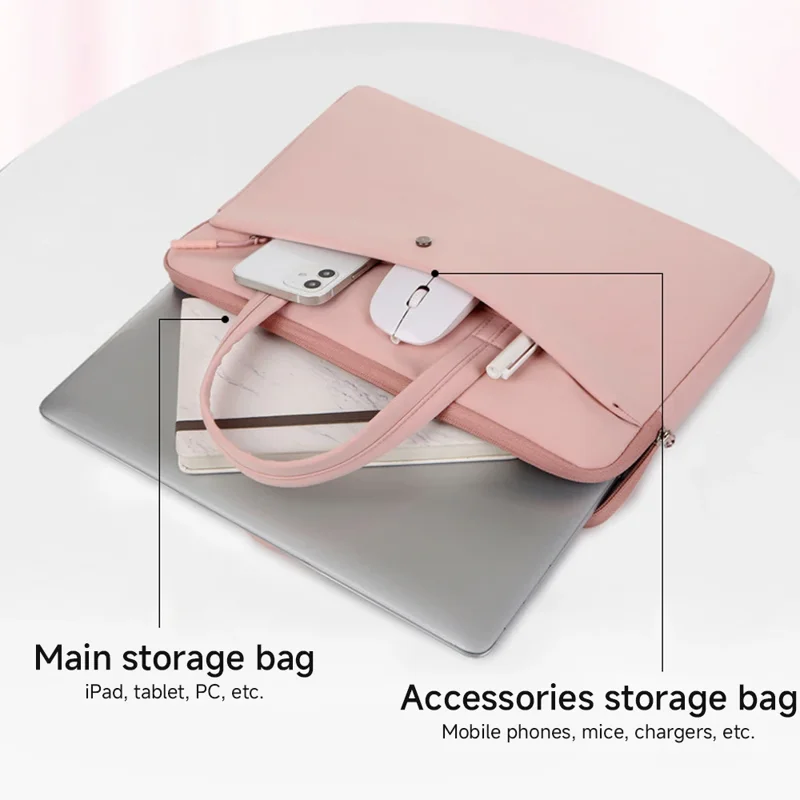 A pink laptop sleeve with a laptop, phone, mouse, and pens inside. The sleeve has two compartments: a main storage bag for the laptop and a smaller accessories storage bag for the other items.