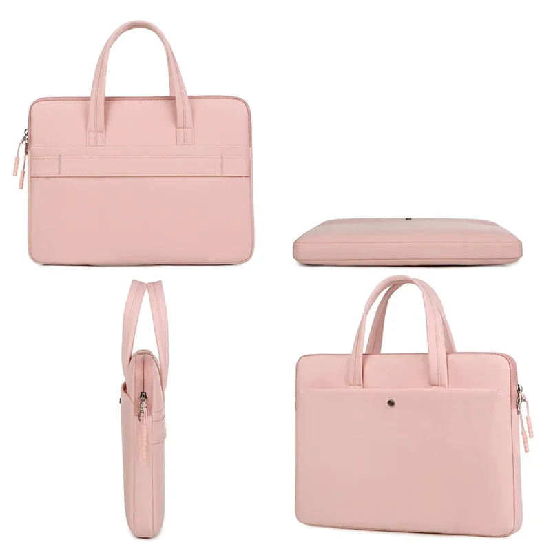 A pink laptop bag is shown from four different angles. The bag is made of a soft material and has a simple design. It has a zipper closure and two handles.