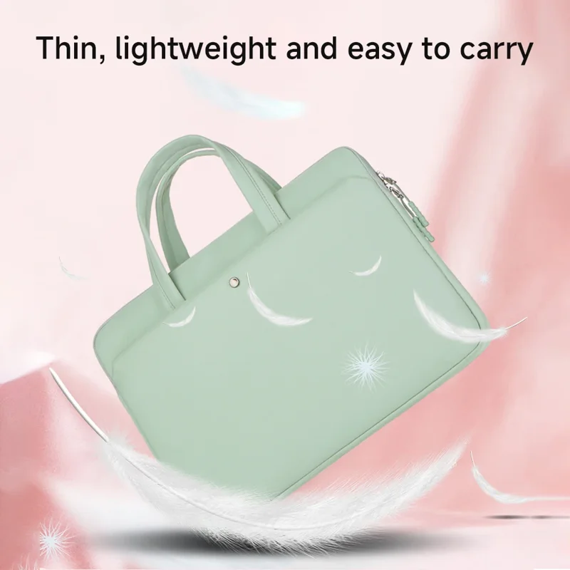 A light green laptop bag with handles is shown against a pink background. Feathers float around the bag, illustrating the bag's lightweight nature. Text at the top reads "Thin, lightweight and easy to carry."