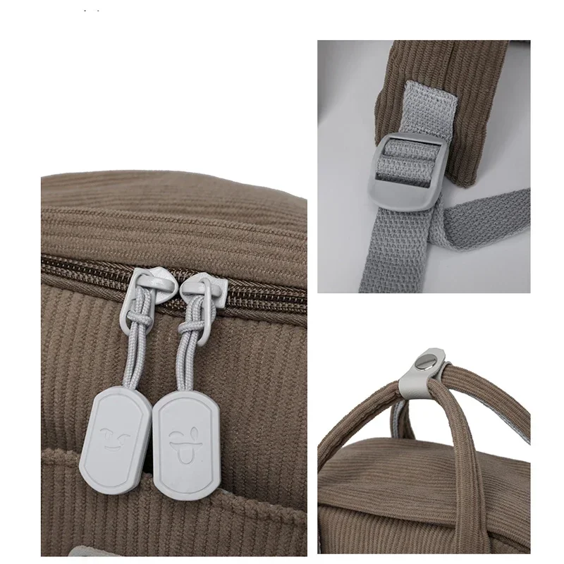 Close-up shots of a brown corduroy backpack, highlighting its zipper, straps, and handle.