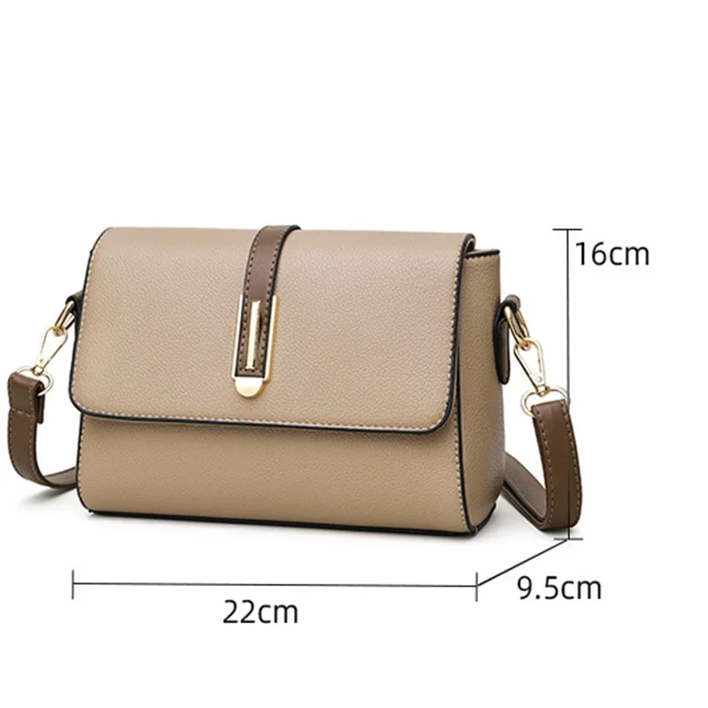 A beige crossbody bag with brown straps and gold accents. The bag is shown with measurements in centimeters.