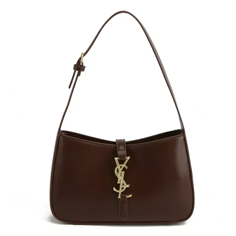 A brown leather Yves Saint Laurent bag with a gold YSL logo on the front.