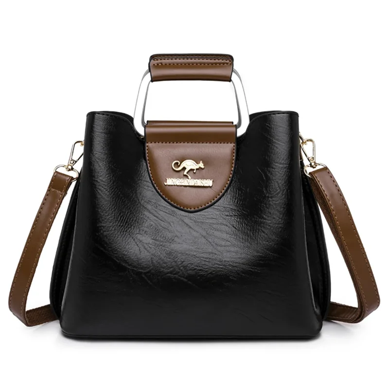 A black and brown women's handbag with a kangaroo logo.