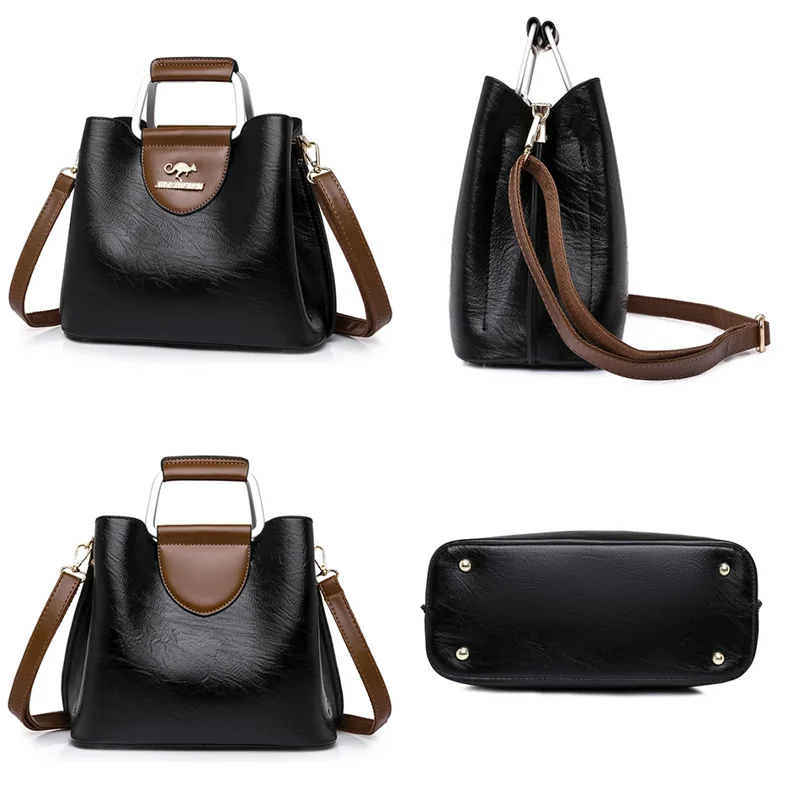Four images of a black and brown leather handbag shown from different angles.