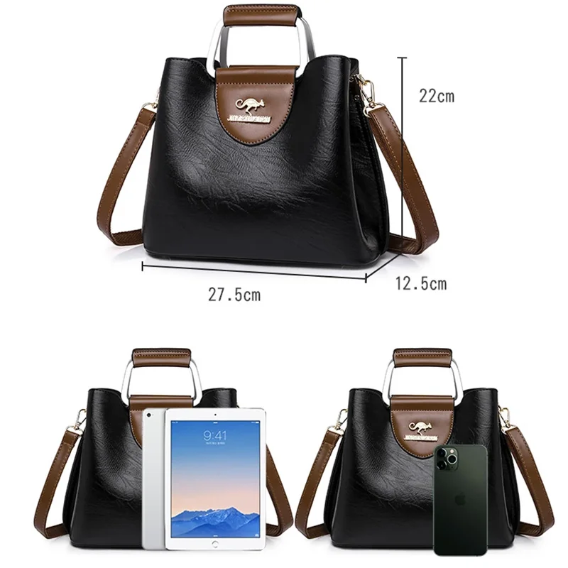 A black and brown handbag with a kangaroo logo. The bag is shown from different angles and with dimensions.