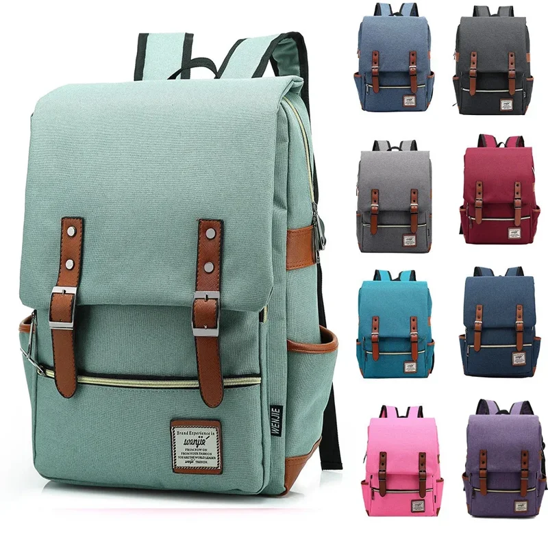 A collection of eight stylish backpacks in various colors, including teal, gray, maroon, dark blue, light blue, pink, and purple.