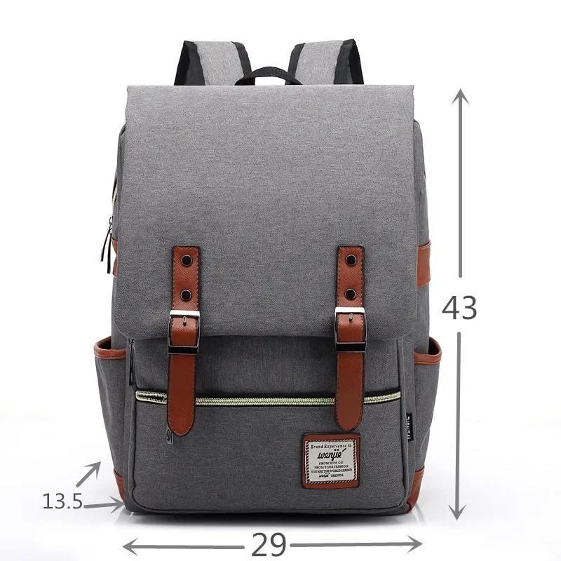 Gray canvas backpack with brown leather accents and dimensions labeled.
