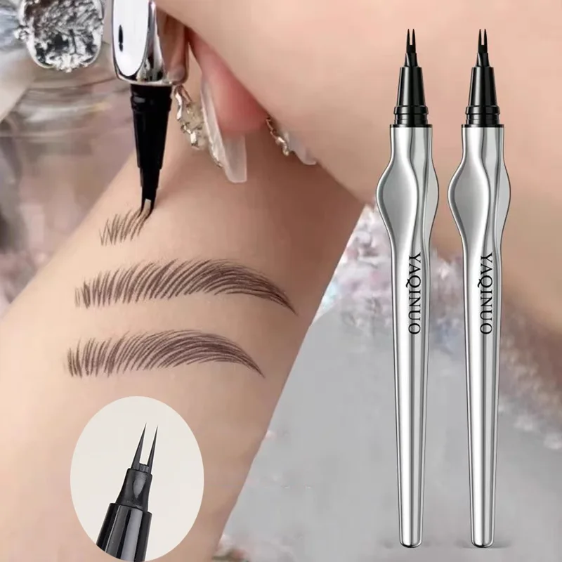 Two silver and black eyebrow pens are shown next to a person's arm with three drawn-on eyebrows. The pens have the brand name YAQINUO printed on them.