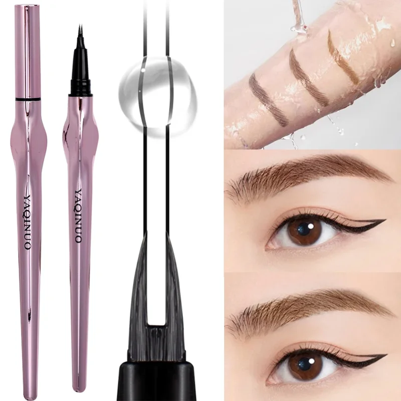 Two rose gold eyeliner pens with a close-up of the nib and a demonstration of waterproof eyeliner on a model's eyes and arm.