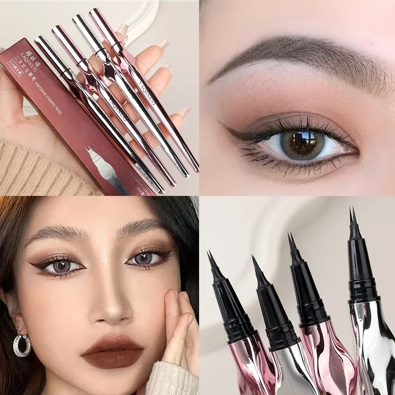 Close-up product shot of four Yaqinuo eyeliner pens with rose gold accents against a white background. Two additional images show models with winged eyeliner created using the product.