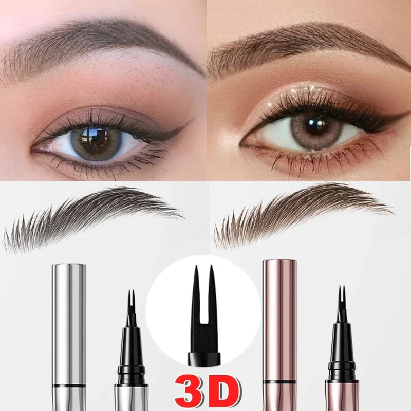Image of two pairs of eyes with eyebrows, showcasing the before and after effect of using a 3D eyebrow pencil. Two eyebrow pencils are shown below, one silver and one rose gold.