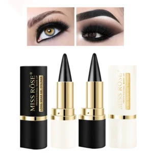 Two black gel eyeliner pencils with gold accents and white packaging stand against a background showing before-and-after images of eye makeup application.