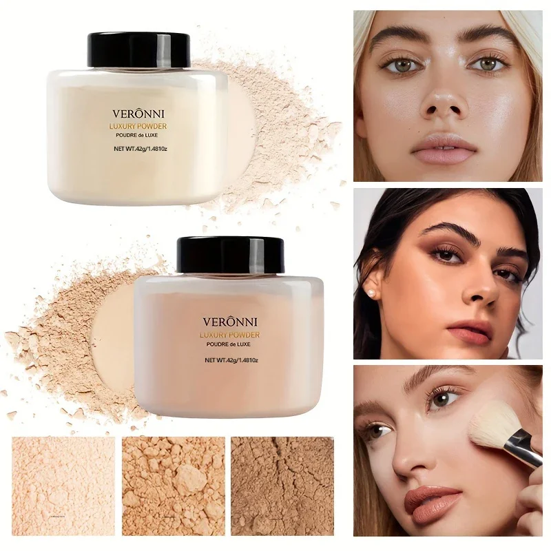 Two jars of Veronni Luxury Powder are shown, along with close-up images of models' faces with the powder applied.
