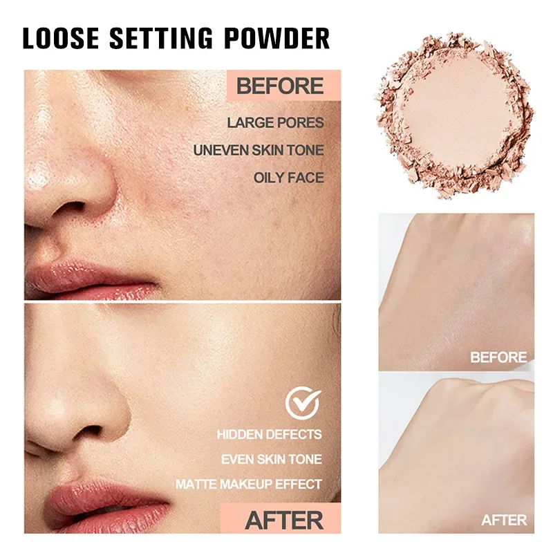 Before and after photos showing the effect of loose setting powder on skin. The before photos show large pores, uneven skin tone, and oily skin. The after photos show hidden defects, even skin tone, and a matte makeup effect.