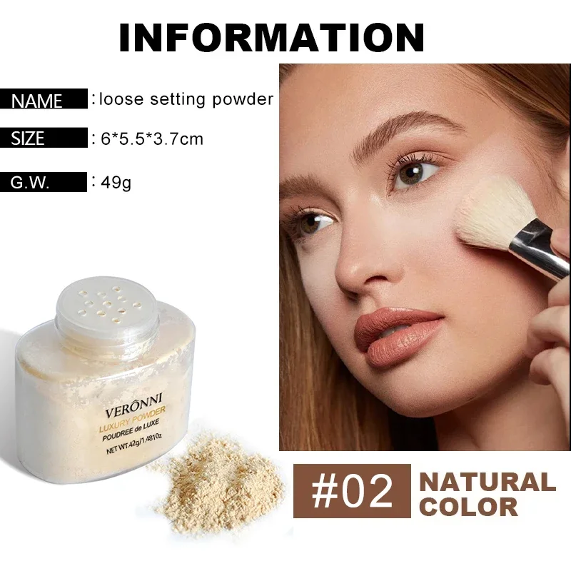 A jar of Veronni Luxury Powder, a loose setting powder, with a woman applying it to her face with a brush. The product information, including name, size, and weight, is displayed. The color is #02 Natural Color.