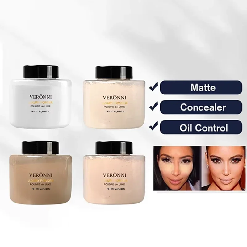 Four jars of Veronni Luxury Powder in varying shades of beige and white, alongside checkmarks indicating the powder's matte, concealer, and oil control properties. Before-and-after photos of a woman's makeup application using the powder are also shown.