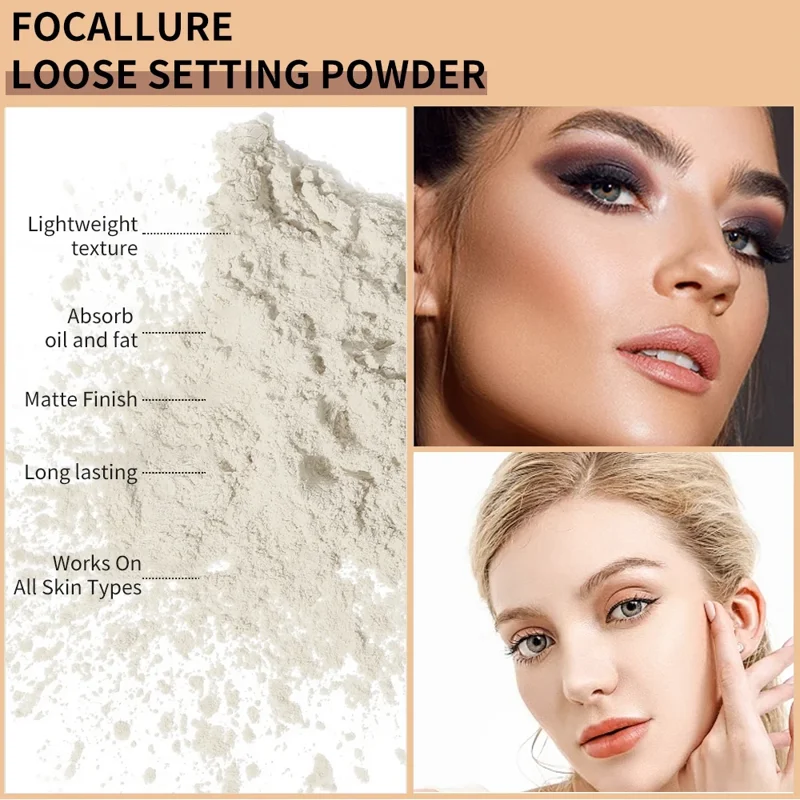 FOCALLURE Loose Setting Powder: Lightweight, oil-absorbing powder for a matte finish. Works on all skin types.