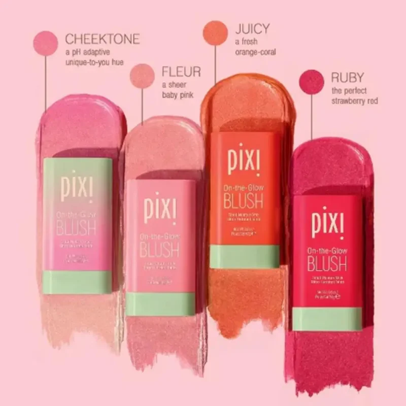 Four Pixi On-the-Glow Blush sticks in different shades: Cheektone, Fleur, Juicy, and Ruby. Each stick is shown with a swatch of its color.