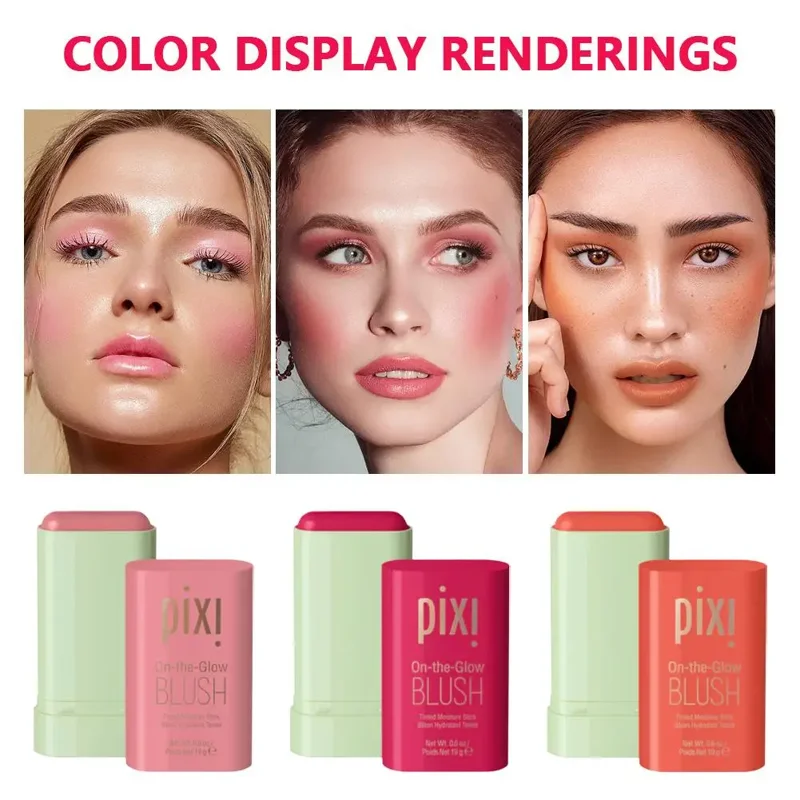 Three different shades of Pixi On-the-Glow Blush are shown on three different models, with close-up shots of the blush sticks displayed below.