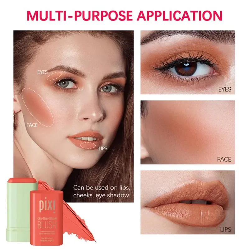 A multi-purpose blush stick by Pixi Beauty is shown in the image. The stick can be used on the lips, cheeks, and eyes. The image also includes close-up photos of a model showing the blush applied to her face, lips, and eyes.