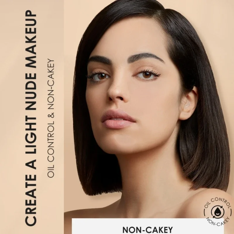 A woman with dark hair and light makeup, showcasing a natural and non-cakey look. The text 'Create a Light Nude Makeup' and 'Oil Control & Non-Cakey' highlights the product's benefits.