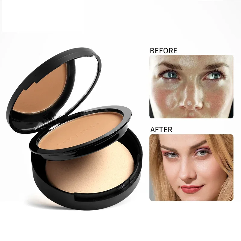 A compact powder makeup product with a before and after image of a woman's face.
