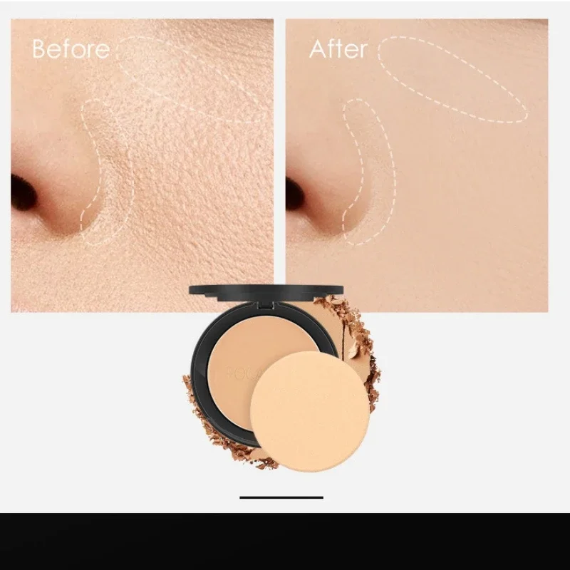 Before and after images of a person's face with a pressed powder compact shown in the middle.