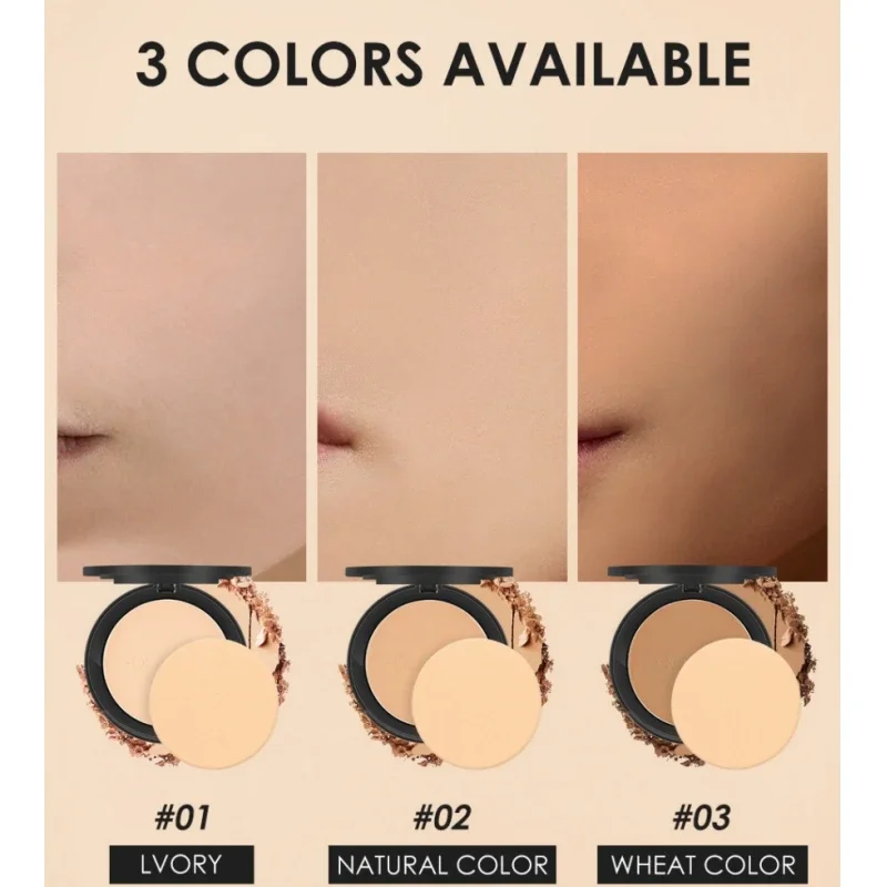 Three shades of pressed powder are shown against a beige background. Each shade is labeled with a number and a name: #01 Ivory, #02 Natural Color, and #03 Wheat Color. The image also includes a title that reads "3 Colors Available."