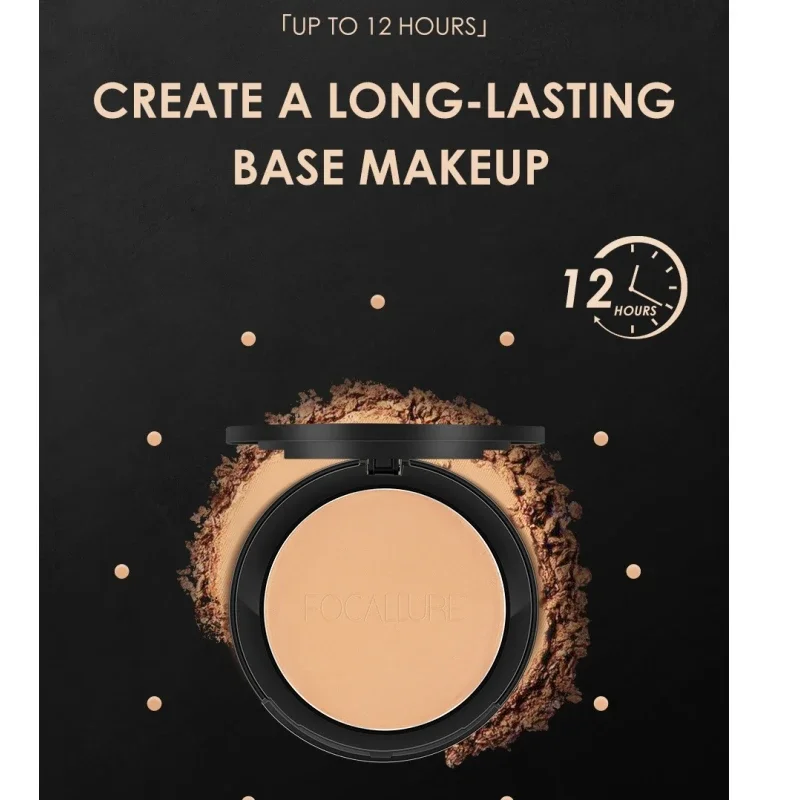 A compact of FOCALLURE pressed powder sits open on a black background. The powder is a light beige color. The text on the image says "CREATE A LONG-LASTING BASE MAKEUP" and shows a clock indicating 12 hours of wear.