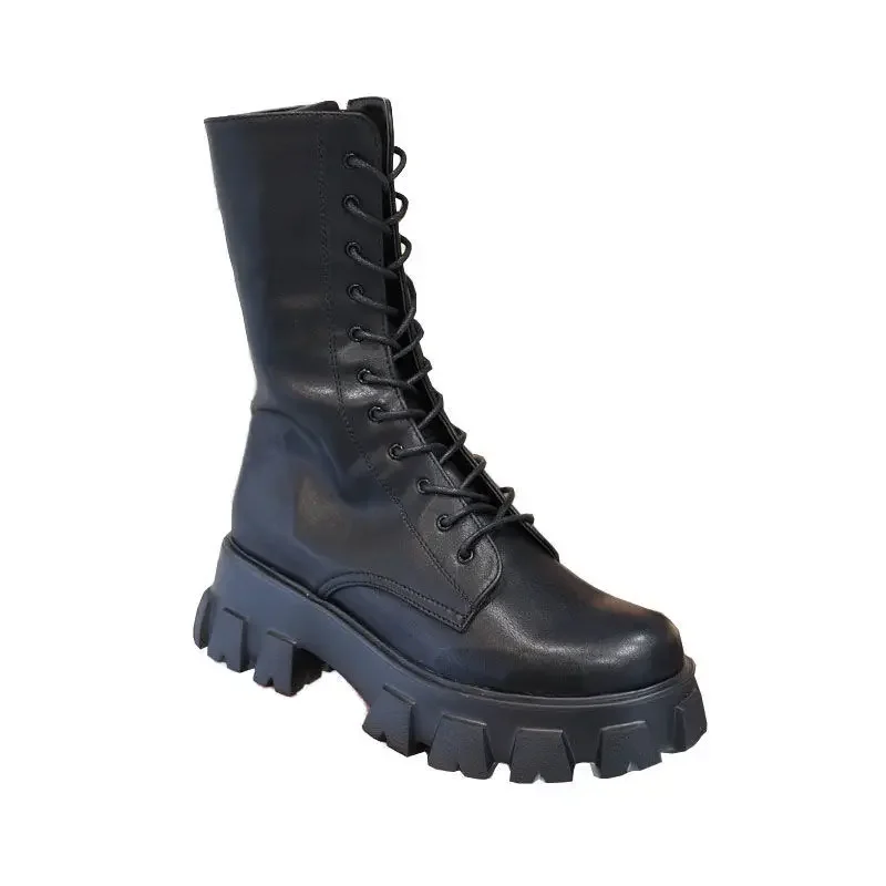 Black leather combat boots with chunky sole